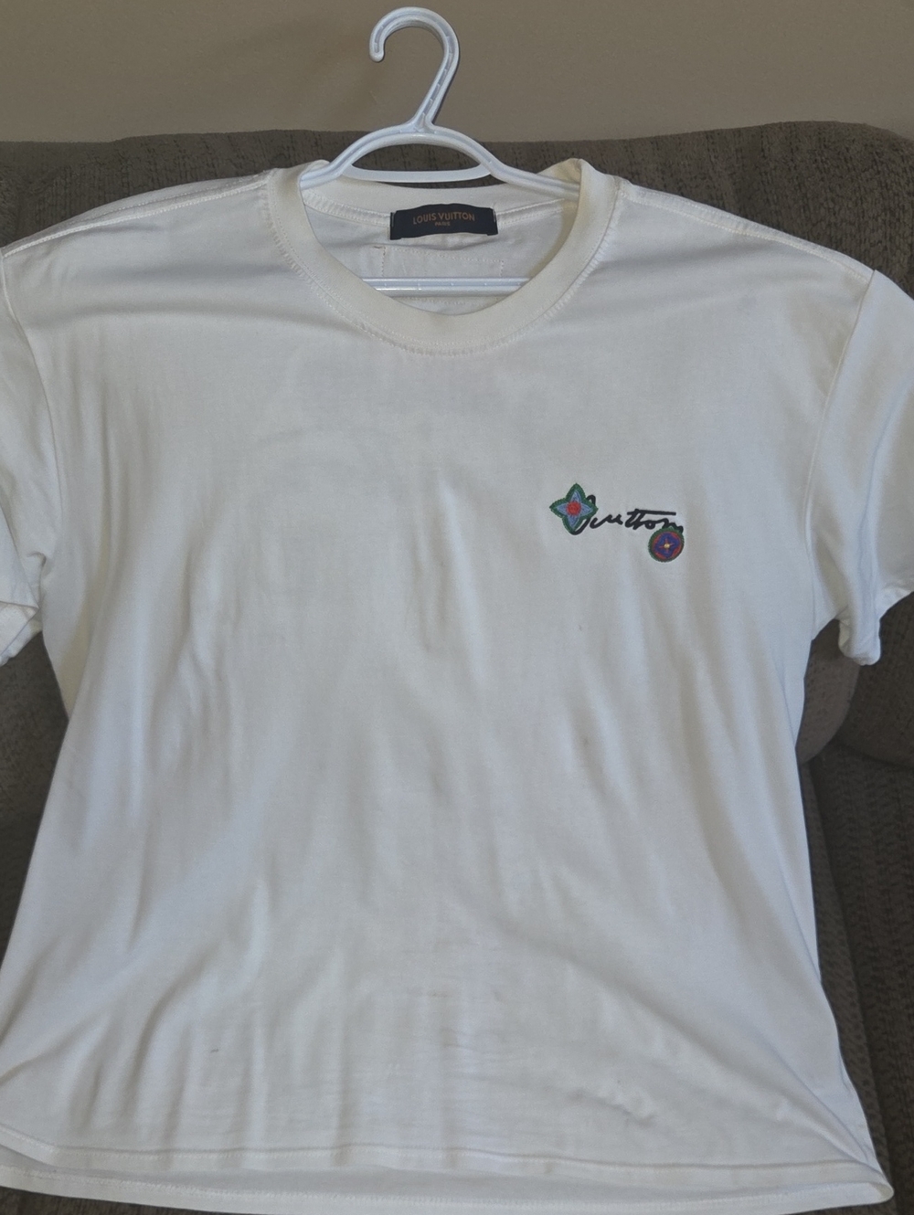 Louis Vuitton White Mens Tee with Colorful Embroidered Motif